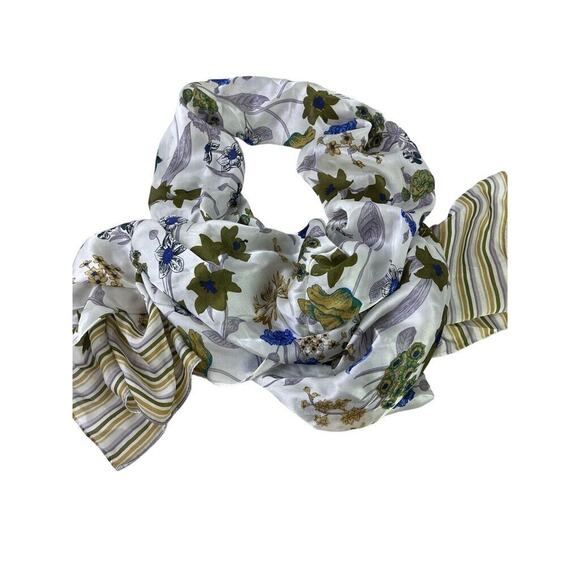 Max Studio Womens 100% Silk Floral Rectangle Scarf Olive Blue Stripes Versatile - Picture 1 of 16
